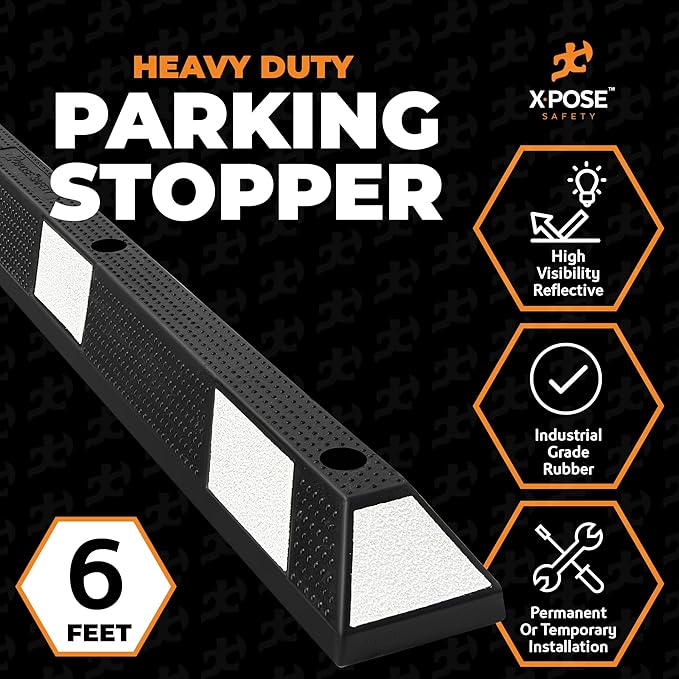 Xpose Safety 72" Heavy Duty Rubber Parking Stopper – 2 Pack Wheel Blocks for Garage, Driveway, or Ramp – Car Bumper Stop with White Reflective Strips – Removable Floor Mount