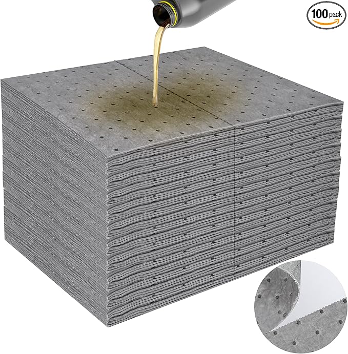 100PC Oil Absorbent Pads | 13"x10" Meltblown Polypropylene Mats, Hand-Tear Lines for Automotive & Workshop | Vacuum Eco-Packaging, Reusable Spill Control