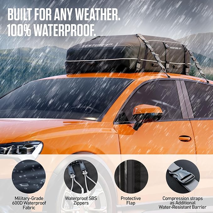 VENTURE 4TH Car Rooftop Cargo Carrier – 21 Cubic Feet Waterproof Roof Bag with 10 Heavy-Duty Compression & Tie-Down Straps, Anti-Slip Mat & Door Hooks – Fits Cars with or Without Roof Rack