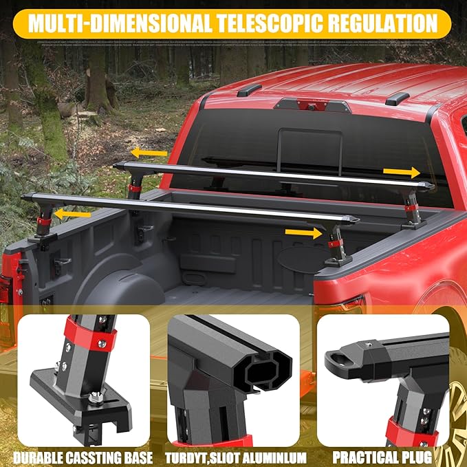 Truck Bed Rack, Adjustable Aluminum Truck Bed Ladder Rack, Heavy Duty Truck Ladder Rack Crossbar Cross Bar Extendable Heavy Duty Steel Cargo Rack for Kayak, Surfboard, Lumber,Ladder (800lbs Capacity)