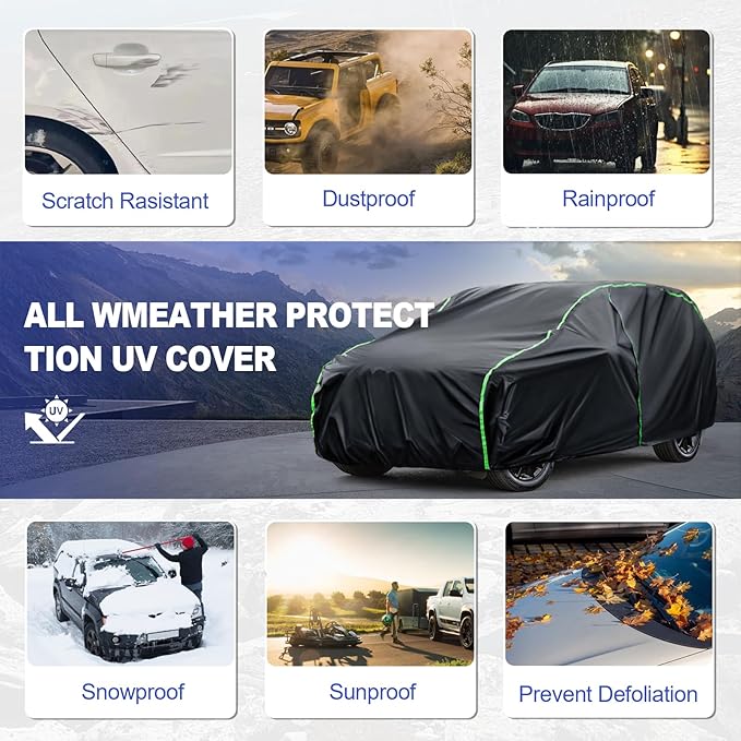 Waterproof Car Cover Compatible with Explorer/Land Cruiser/Traverse/Durango/XC90/MDX All-Weather Protection, 201"-209" SUV PEVA Car Cover with Zipper Door