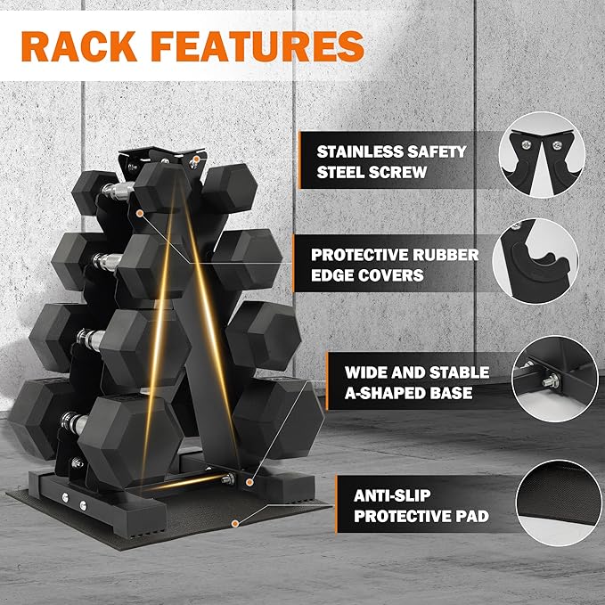 Rubber Encased Hex Dumbbell Set with Rack, 5-20LB or 5-25LB Hand Weights with Anti-Slip Grip for Exercise & Fitness, Dumbbell Weights Set for Home Gym, 100LB or 150LB Set Options