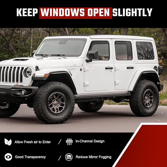 in-Channel Rain Guards Fit for Jeep Wrangler JL 2018-2025 Black Extra Durable Shatterproof Side Window Deflectors Fit for Jeep Gladiator 2020-2025, Window Visors, Wind Deflectors - 4 PCS