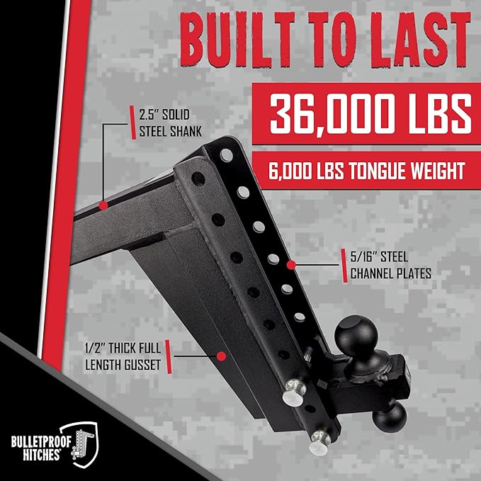 BulletProof Hitches - 2.5" Adjustable Extreme Duty Trailer Hitch (36,000 lb. Rating) - 12" Drop/Rise with 2" and 2 5/16" Dual Ball - Powder Coat, Solid Steel, Corrosion-Resistant