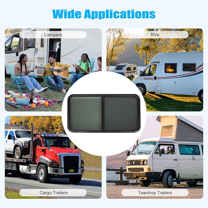 RV Window, Teardrop Horizontal Slide Black RV Window, RV Window Teardrop 42" W X 22" H Horizontal Sliding Window Camper Trailer Window Replacement W/Mounting Trim Ring