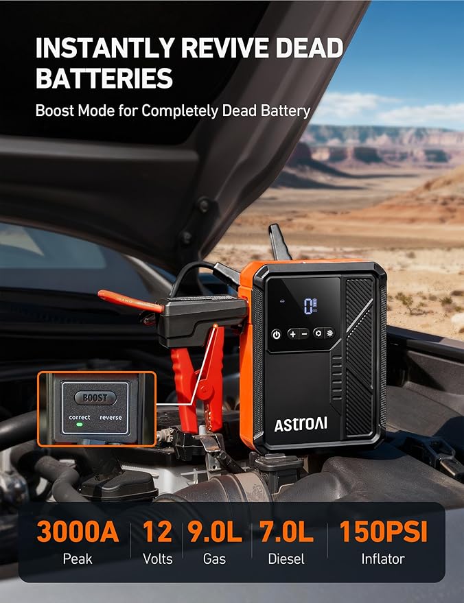 AstroAI Beta822 3000A Jump Starter with Air Compressor, 150PSI Portable Tire Inflator with Auto-Shutoff, 12V Car Battery Booster (9.0 Gas/7.0L Diesel) with LED Light and Jumper Cables