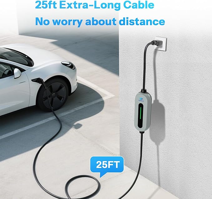 Level 1 and 2 Portable Ev Charger 16A, Electric Car Charger J1772 with 25ft Cable, Electric Vehicle Charging Stations Outdoor with Nema 6-20 Plug and Nema 5-15 Adapter, EV Chargers for Home 110v-240v