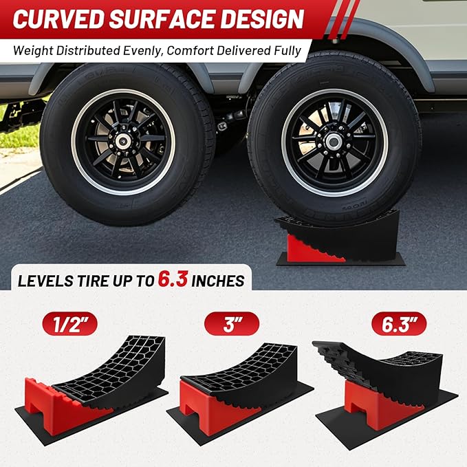 Car Tire Change Ramp 6.3" Tire Lift, 1 Pc Travel Trailer Tire Change Ramp, Curved Leveling Block with Chock & Anti-Slip Mat, Fits Dual Axle Travel Trailer RV Camper, Lift Up to 6.3", 35000 GVW