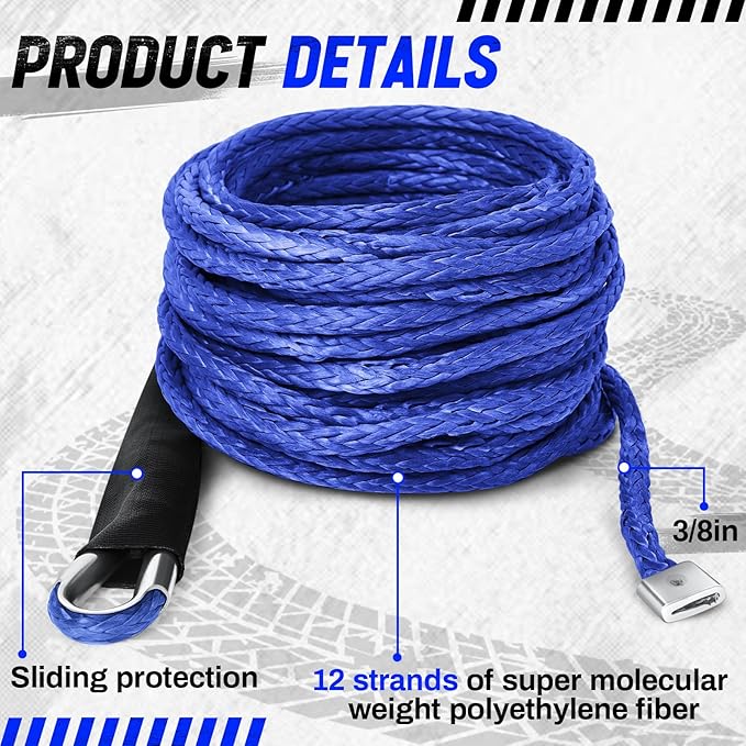 Blue Synthetic Winch Rope 3/8'' x 50ft 26, 500 Lbs Synthetic Winch Line Cable Rope with Protective Sleeve for Off Road Vehicle 4WD SUV Truck ATV UTV SUV