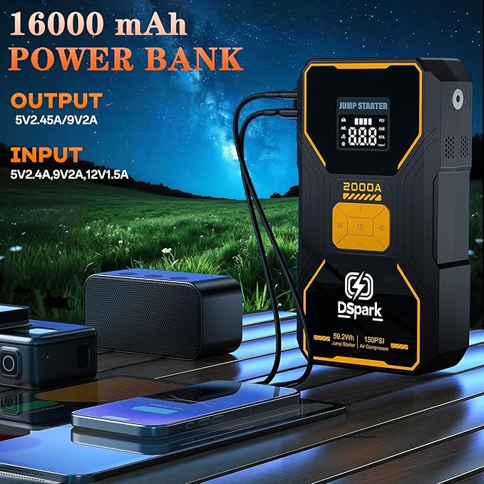 B31 2000A Jump Starter with 150PSI Air Compressor,Jump Starter Battery Pack for Up to 7.0L Gas and 6.5L Diesel Engines,12V Portable Jump with Quick Charge LED Flashlight Compact Storage Case