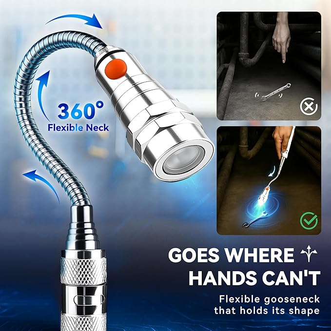 VIBELITE Extendable Magnetic Flashlight with Telescoping Magnet Pickup Tool-Cool Gadget Christmas Gifts Stocking Stuffers for Men, Teen Boys, Husband, Dad, Father, Mechanic, Him, Women, Silver