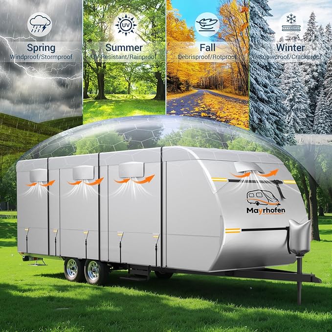 600D Oxford Fabric RV Cover 38-40ft Travel Trailer Cover, Multi-Layer Breathable Rip-Stop Camper Cover with Water-Resistant Coating, Repair Kit, Gutter Protection, Tire Straps