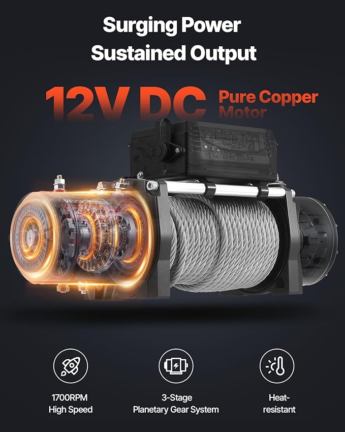 VEVOR Electric Winch, 13500 lbs Load Capacity, 12V DC Truck Winch with Φ3/8 in x 80 ft Steel Rope, Wireless & Wired Remote Control, IP55 Waterproof for Towing SUV Jeep Trailer Boat Off-Road Vehicle