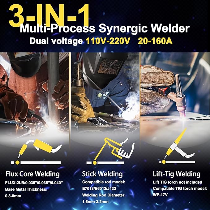 MIG Welder Portable Welding Machine: 160A 110V/220V Dual Voltage 3-in-1 Flux Core Mig/Stick/Lift TIG Welding Set for Beginner - Indoor Outdoor Welders with IGBT Inverter Synergic Control LED Digital
