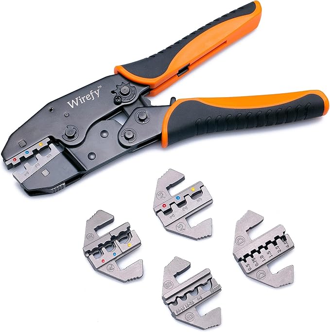 Wirefy Wire Crimping Tool Kit | Crimpers & 4 Slide in Dies | Ratcheting Wire Crimper Tool | Terminal Crimp Pliers | for Heat Shrink, Nylon, Non-Insulated, Insulated Connectors, Ferrule Terminals