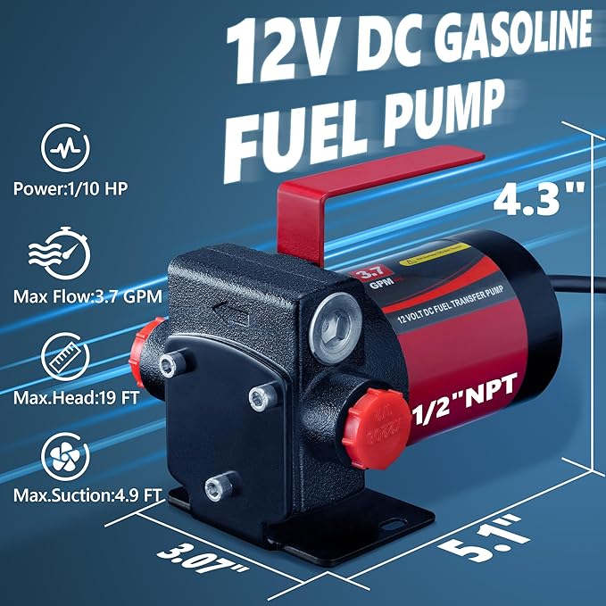 12V DC Gasoline Fuel Pump Kit, Self-priming Fuel Transfer Pump, Reversible Pumping, Overheat Protection, Explosion-proof, Suitable for Gasoline, Diesel, Mineral Oil, Kerosene