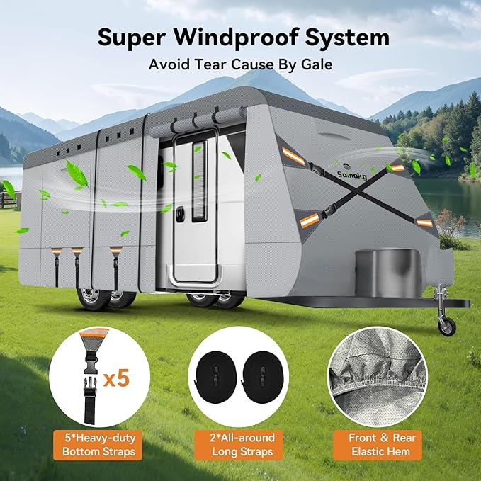 Upgrade 7-Layer Heavy Duty RV Cover 33-35 FT | Fits RVs with Roof Top A/C | All-Weather Travel Trailer RV Cover for Snow & Wind Protection | Rip-Stop Camper Cover with 5+2 Straps