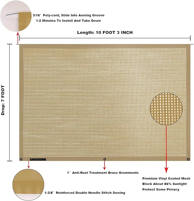 Tentproinc RV Awning Sun Shade Screen 7' X 10' 3'' (Fit for 11' Awning) Mesh Sunshade for RV Awning Sunscreen Motorhome Camping Trailer Awning Shadescreen Block UV Glare - 3 Year Warranty (Beige)