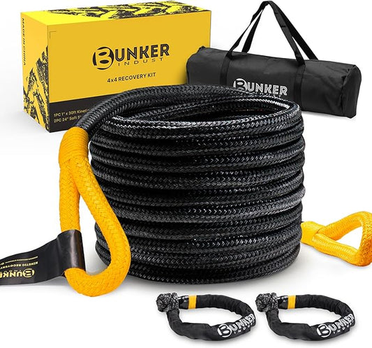BUNKER INDUST 1"×30ft Kinetic Recovery Rope with 2 Soft Shackles Kit, Kinetic Recovery Tow Rope Snatch Strap Off Road Recovery Kit for UTV, ATV, Truck, Car, Jeep, Tractor