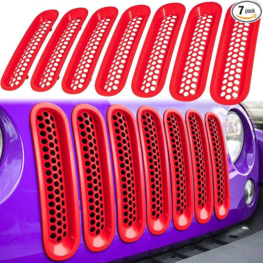 7PCS Front Grill Mesh Inserts for Jeep Wrangler JK JKU Unlimited 2007 2008 2009 2010 2011 2012 2013 2014 2015 2016 2017 2018 Grille Guard Cover Trim Clip-in Exterior Accessories (Matte Red)