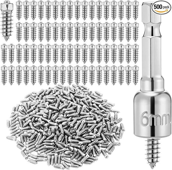 500pcs 6x20mm Carbide Screw Tire Studs Anti Slip Snow Tire Studs Wheel Tyre Anti Ice Snow Spikes for SUV/tractor/ATV/UTV/motorcycle, with Installation Tool