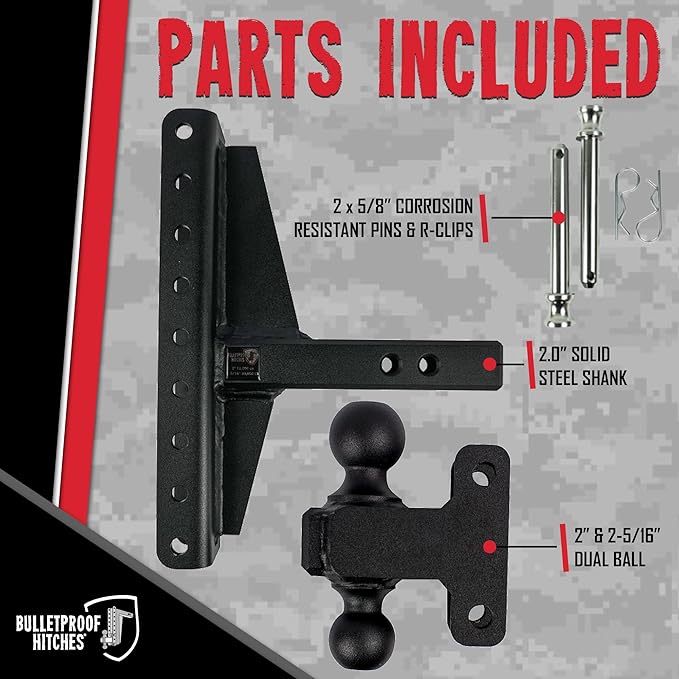 BulletProof Hitches - 2.0" Adjustable Extreme Duty Trailer Hitch (30,000 lb. Rating) - Offset 4" & 6" Drop/Rise with 2" and 2 5/16" Dual Ball - Powder Coat, Solid Steel, Corrosion-Resistant