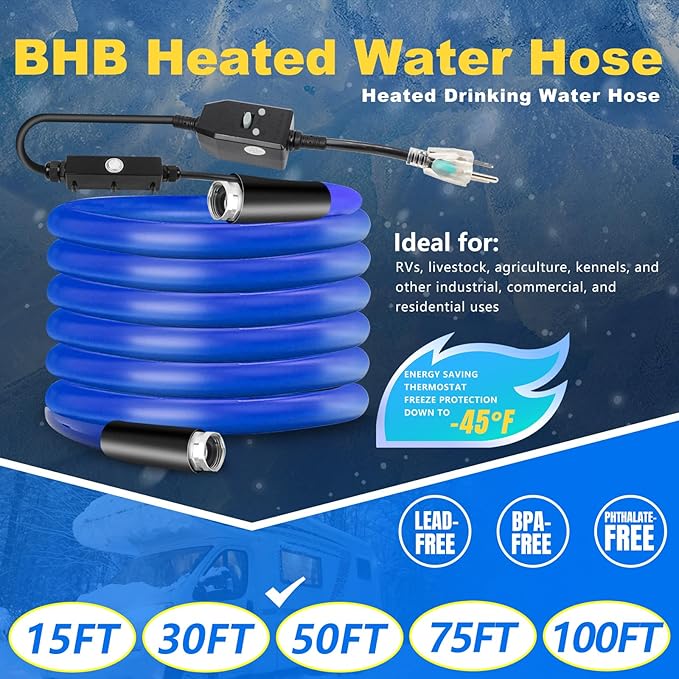 BHB Upgraded 50 FT Heated Water Hose 5/8" ID Compatible with RV -45 ℉ Antifreeze Energy Saving Thermostat RV Accessories, with 4 Types of Adapters