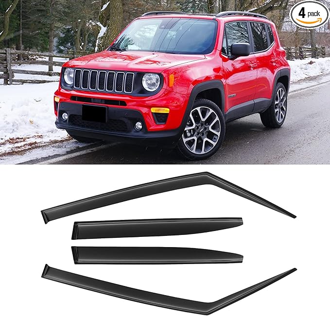 Window Rain Guards for 2015-2024 Jeep Renegade, Window Visor Guard Vent Wind Shade Deflector Rain Shield Protector Sun Visor for 15-24 Renegade 2023 2022 2021, Tape-on/Outside-Mount, 4 Pieces