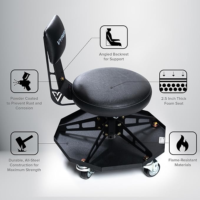 Vyper Robust Steel Sport Shop Chair for Mechanics, Automotive, DIY - 300 lb Capacity Garage Stool with Backrest & Large Wheels (Black Seat, Black Frame)
