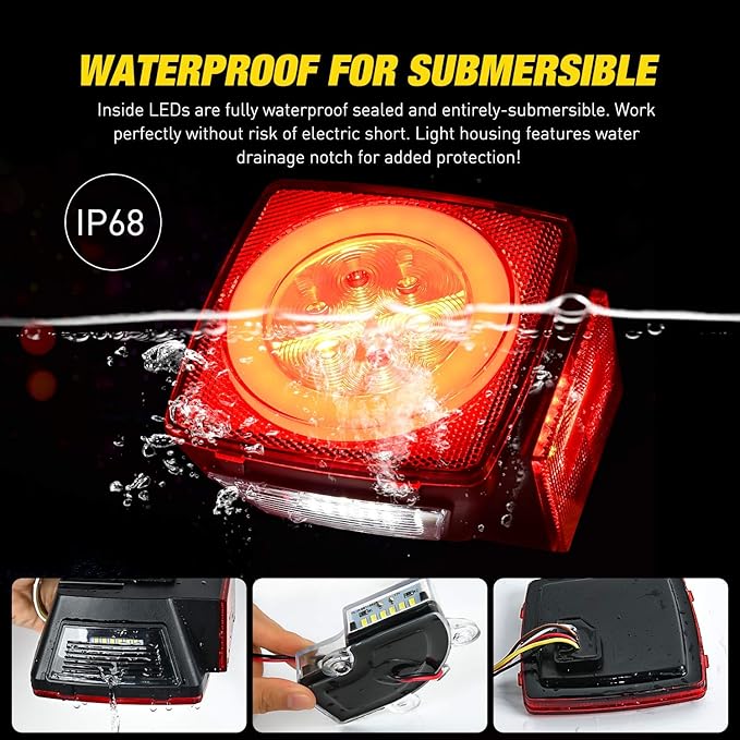 Nilight 2PCS Square LED Trailer Light Kit with Halo Glow Submersible LED Stop Turn Tail Side Marker Clearance License Light for 12V Trailer Boat Camper RV Trucks Snowmobile (TL-41)