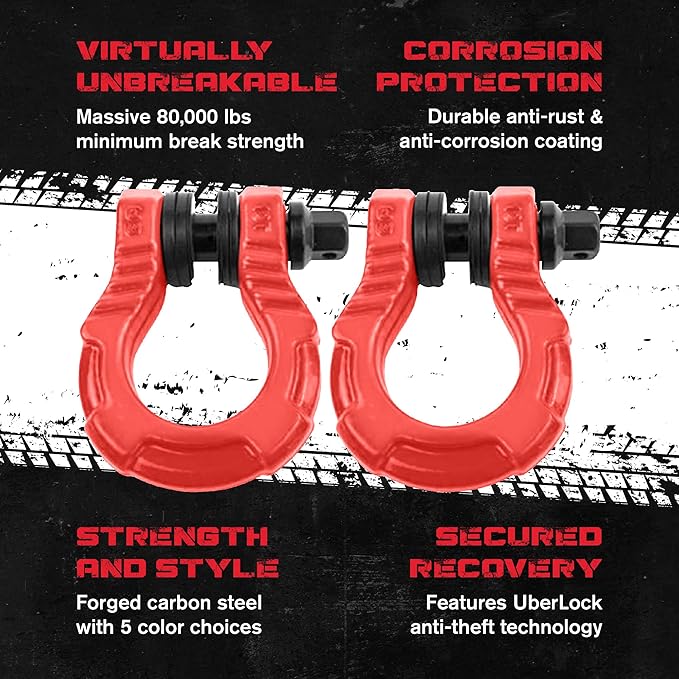 GearAmerica UBER Shackles with Anti-Theft Lock - 80,000 Lbs (40 T) Strength - Connect Tow Strap or Winch Line for Off-Road Recovery, Towing D-Rings and Uber Lock Security Pin - Red, 2-Pack
