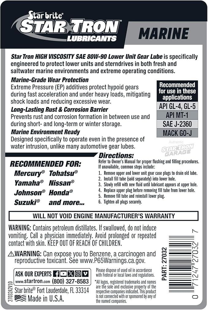 STAR BRITE Star Tron High Viscosity Lower Unit Gear Lube 80W90 - Anti-Wear, Rust & Corrosion Inhibitors, Ideal for Outboard Motors & Stern Drives - 32 OZ (027032)