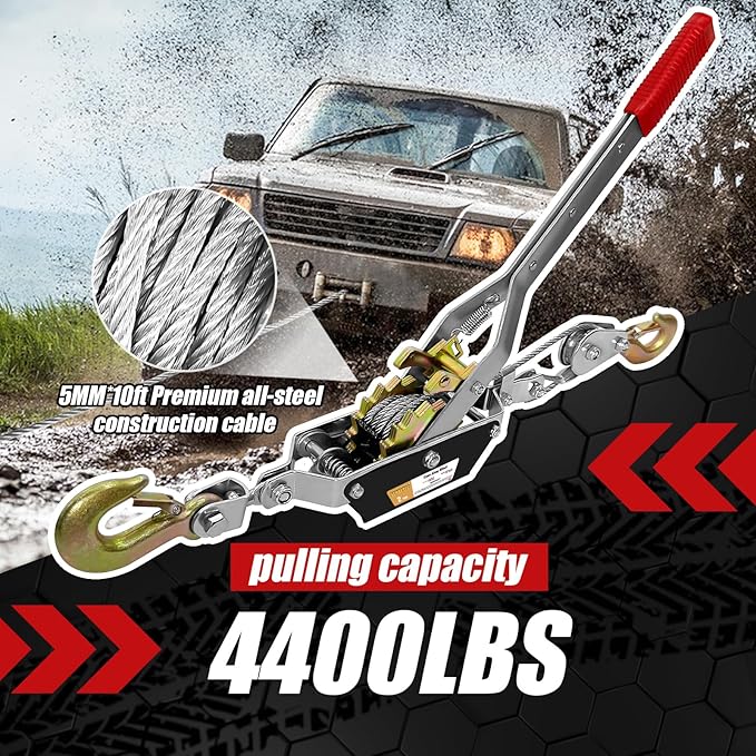 2T 10FT Come Along Winch Heavy Duty, 2 Gears Come Along Pulling Tool, Cable Winch Puller 2 Hooks, Come Along Power Puller Ratchet Tool, Manual Winch Ratchet Tool for Towing Lifting