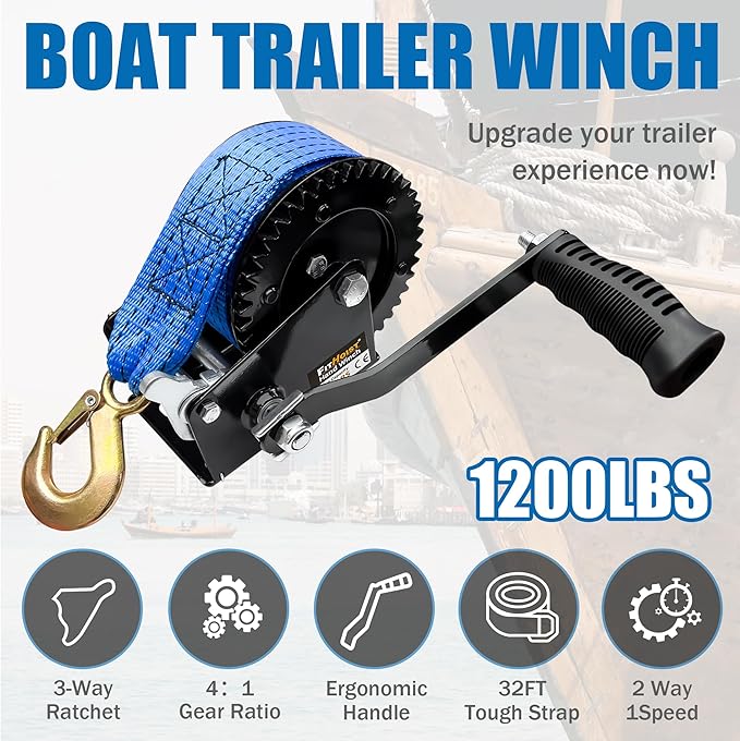 1200lbs Heavy Duty Boat Trailer Winch,Hand Winch with 33ft Blue Polyester Strap,4:1Gear Portable Winch with Hook,Two Way Ratchet and Two Speed Switchable for Boat Jet Ski Trailer