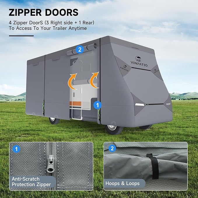 Class C RV Cover Extra Thick 7 Layer Top, Fits 20'-23' RV, Heavy Duty Windproof Class C Cover, Waterproof Anti-UV Camper Cover with RV Accessories 3 Extra Long Straps, Gutter Covers