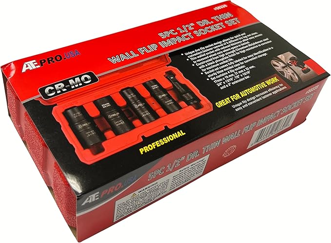 ATE Pro USA. - 5PC 1/2" DR. CR-MO" Thin Wall Flip Impact Socket Set, 8 Standard SAE and Metric Deep Sizes, Includes 3-Inch Extension Bar,