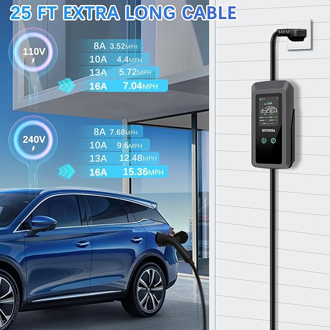 Level 1&2 EV Charger, 16Amp, Portable Charger for Home/Outdoor, 25FT Cable 110V-240V, J1772 Electric Cars, Charging Stations, Current Adjustable, NEMA 6-20 & NEMA 5-15 Adapter. Tesla Needs Adapter