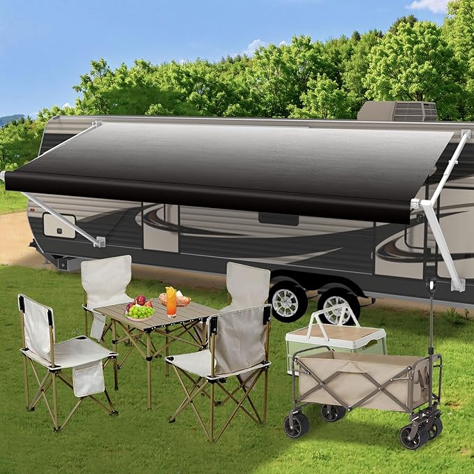 RV Awning Fabric Replacement,18.5oz Heavy-Duty Vinyl Camper Awning Replacement,RV Canopy Replacement,Trailer Awning Universal for Camper Travel Trailers,Black Fade 11'(Fabric 10'2")