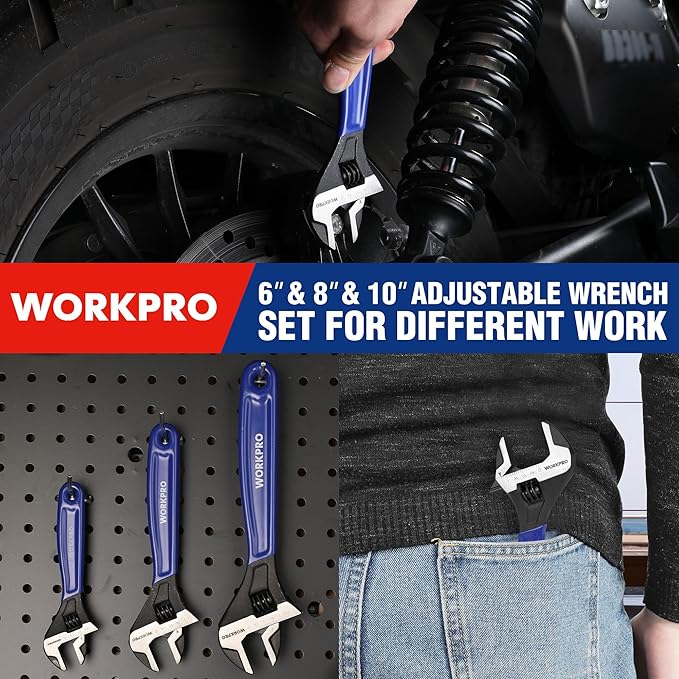 WORKPRO 3-piece Adjustable Wrench Set, 6-Inch & 8-Inch & 10-Inch Wrenches, Wide Jaw Black Oxide Wrench, Metric & SAE Scales, Cr-V Steel, for Home, Garage, Workshop