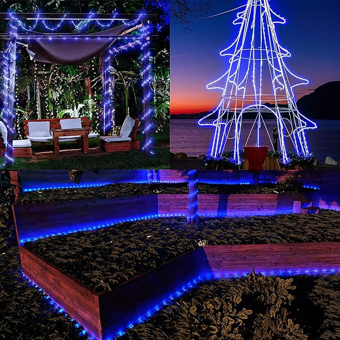 New Upgraded Solar Rope Lights for Outside Waterproof 500 LED 170ft 19 Modes Solar String Lights with Remote Timer Dimmable USB Rechargeable Tube Light for Yard Pool Christmas Decoration (500LED-Blue)