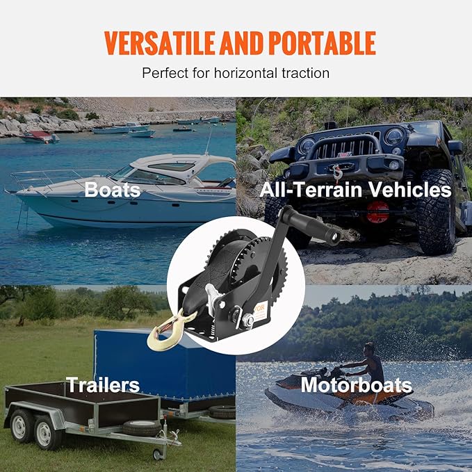 VEVOR Boat Winch, 2000 lbs Capacity Hand Boat Trailer Winch Heavy Duty Rope Crank with 23 ft Polyester Strap and Two-Way Ratchet, Manual Operated Hand Crank Winch for Trailer, Boat or ATV Towing