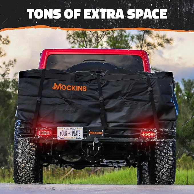 Mockins XXL 72"x36"x6" Folding Trailer Hitch Cargo Carrier w/ 50 CuFt Waterproof Cargo Bag for Hitch Carrier | 500 Lbs Cap Luggage Rack for SUV Car & Truck w/Rear Lights, License Plate Holder & More