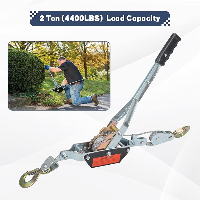 2 Ton Power Puller, 2 Hook Steel Cable Dual Gear Power Ratchet Come Along Winch,Heavy Duty Hand Cable Puller,4,400LBS