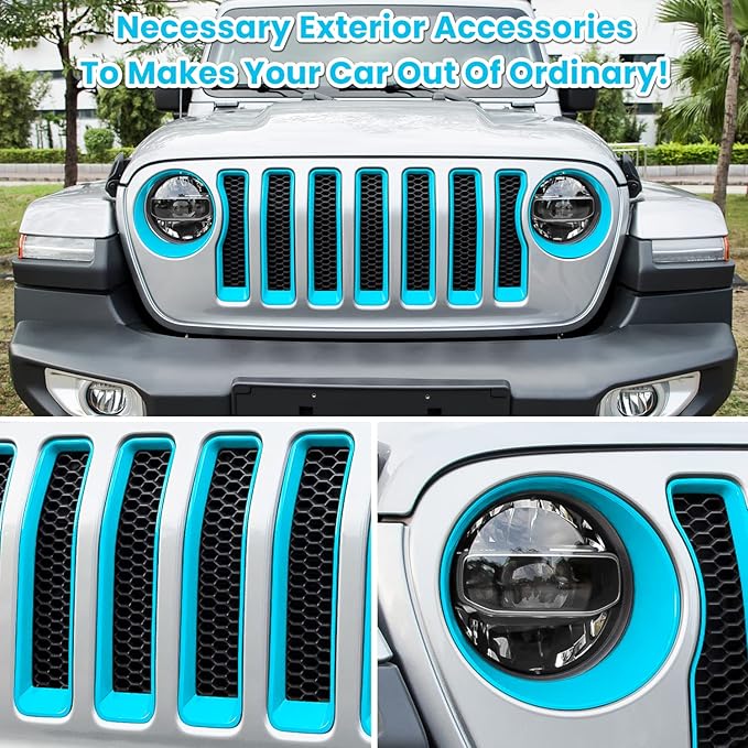 Front Grille Mesh Inserts & Headlight Cover for Jeep Wrangler JL JLU Sport & Sport S Only 2018-2023 Exterior Accessories Clip-in Grille Guard Cover Headlight Bezels Trim Ring (Light Blue 9PCS)