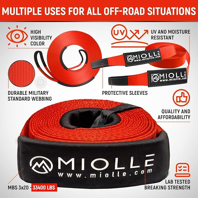 MiolleGear Tow Strap 3”x20’- 33400lbs MBS Recovery Strap Kit Includes: Tow Rope, Storage Case