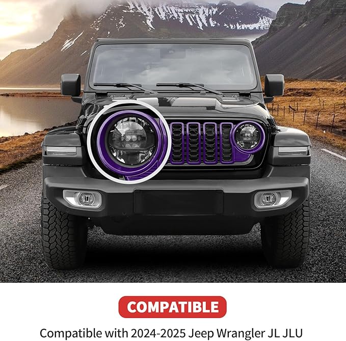 Front Grille Grill Insert+Headlight Turn Light Cover Trim Compatible with 2024-2025+ Jeep Wrangler JL JLU & Gladiator JT Exterior Accessories,Not Fit for JL Sport & Sports (Purple)