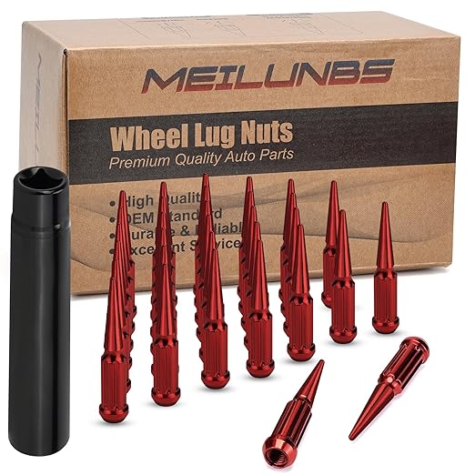 1/2‘’-20 Spike Lug Nuts, Set of 24 Red Spline Spiked Lug Nut with Key for Chevrolet Silverado 1500, Ford F-150 1997-2024, Dodge Ram 1500 1994-2024, Toyota Tacoma 1995-2024