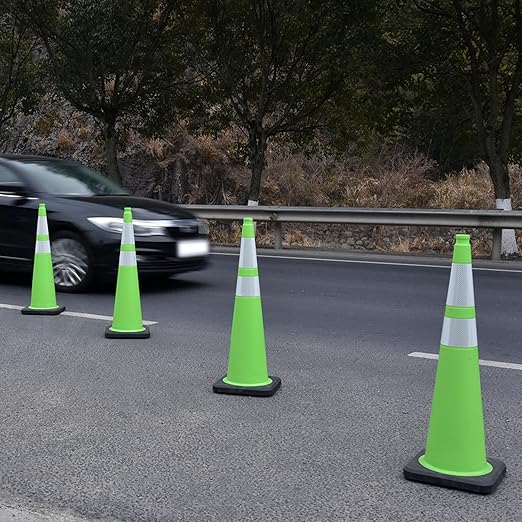 OrangeStar 36" Large Traffic Cones 4-Pack, Green Safety Cones with 2 Reflective Collars, Weighted Base for Highway, Roadwork, Construction, Warehouse Safety, Parking Lots, Indoor & Outdoor Use