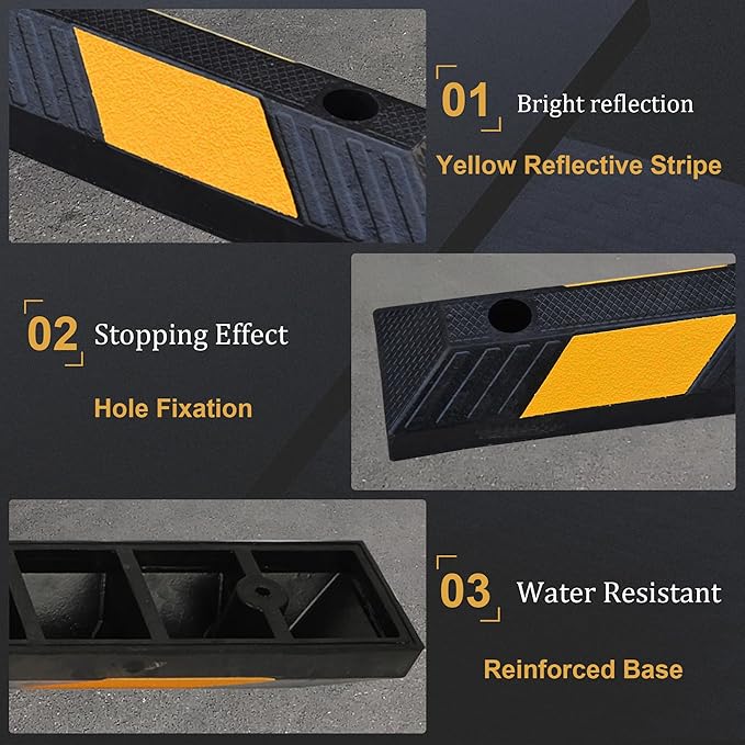OrangeStar 21" Rubber Parking Curbs, Heavy Duty Garage Floor Wheel Stopper w/Yellow Reflective Stripe for Car, Truck, Trailer, 4 Pack