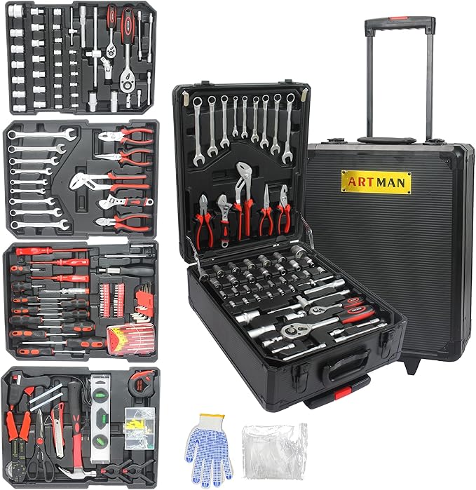 Campfun 899PCS Tool Set, Household Tool Kit with Rolling Tool Box, Complete Tool Box Set Hand Tool Set with Tool Box, Mechanic Tool Set Rolling Tool Set for Home/Auto Repair Tool Set, Black